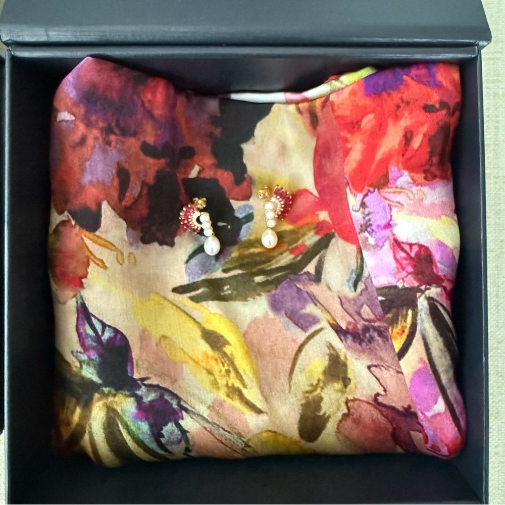 Luxury Gift Set Floral Silk Scarf with 18K Gold, Ruby, Diamond & Pearl Earrings